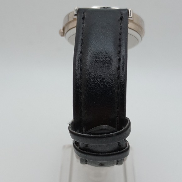 Disney Mickey Mouse Watch Silver Dial Black Leather Strap 33mm New Battery - Picture 5 of 12